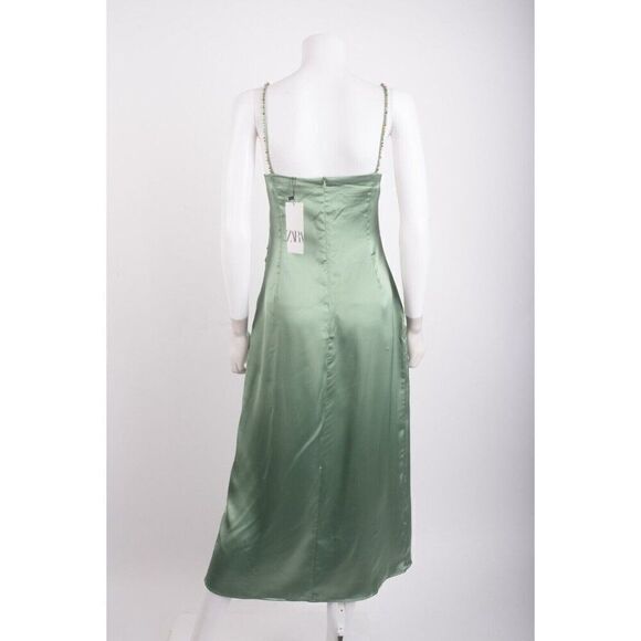 Zara Womens Midi Slip Dress L Green Beaded Strap Satin Effect 7765/899 NWD - Picture 5 of 7